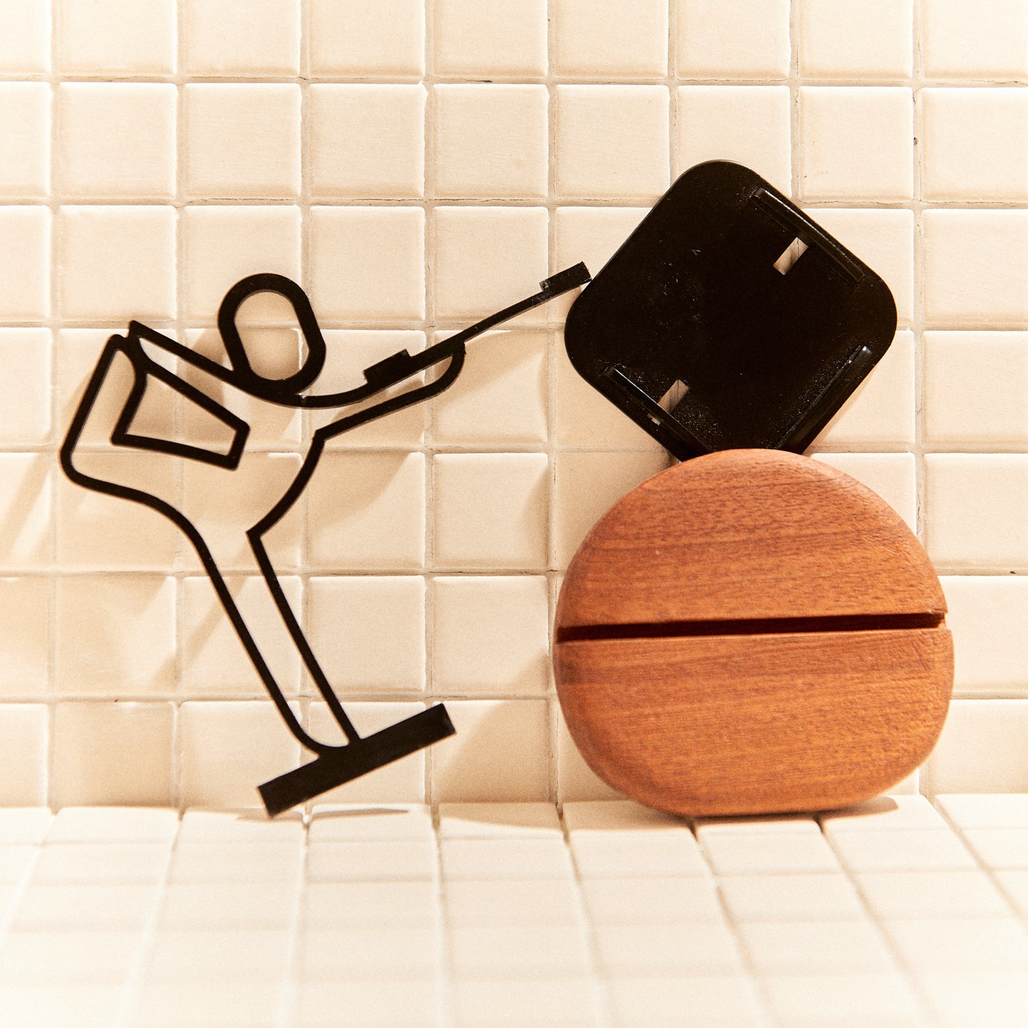 Yoga-inspired candle holder with tealight, handcrafted metal and mahogany art piece.