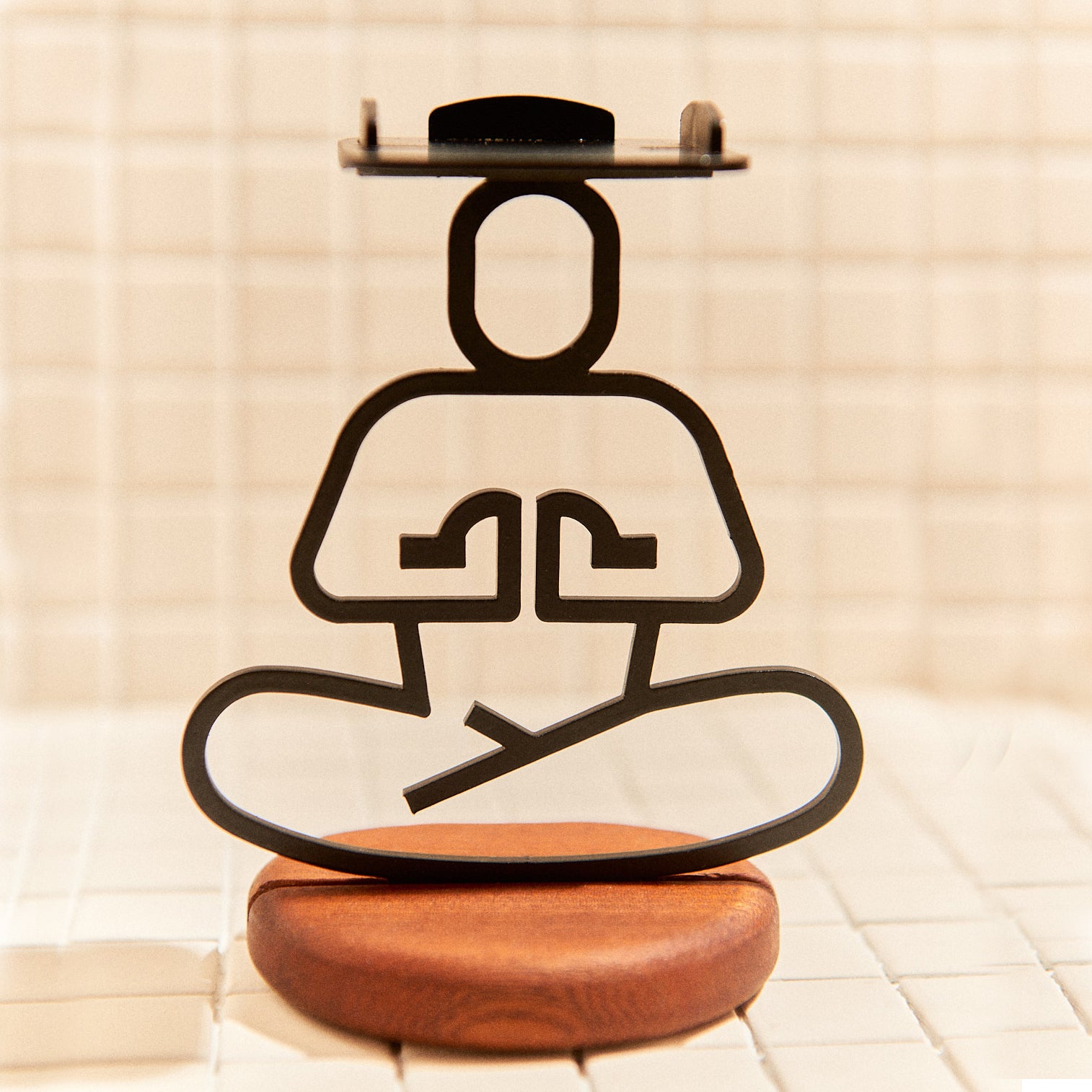 Handcrafted Ardha Lotus Pose candle holder made of metal and mahogany, symbolizing balance and mindfulness.
