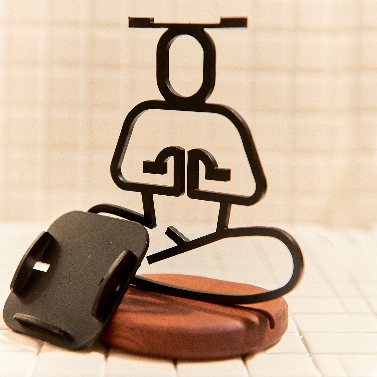 Close-up of handcrafted yoga candle holder, Ardha Lotus posture, elegant boho home decor.