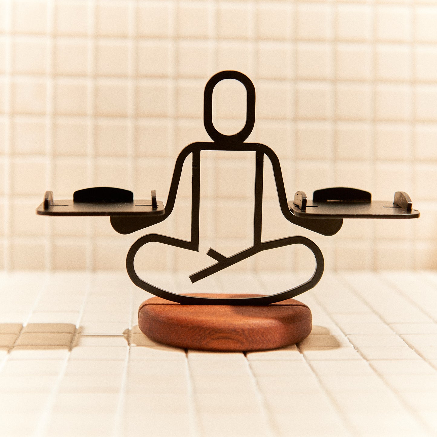 Handcrafted Half Lotus Pose candle holder made of metal and mahogany, symbolizing balance and mindfulness.